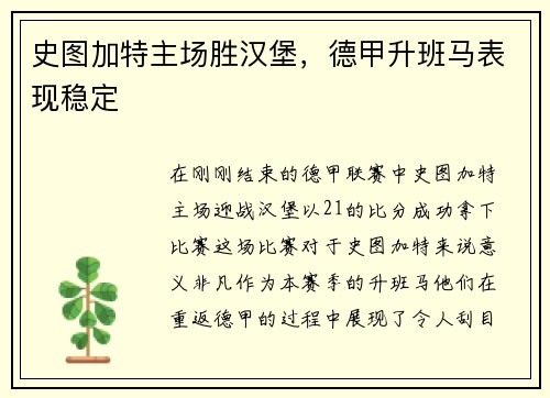 史图加特主场胜汉堡，德甲升班马表现稳定